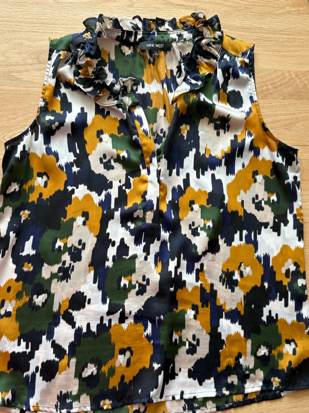 Nine West Women's Mustard Green Print Ruffle Neck Sleeveless Top